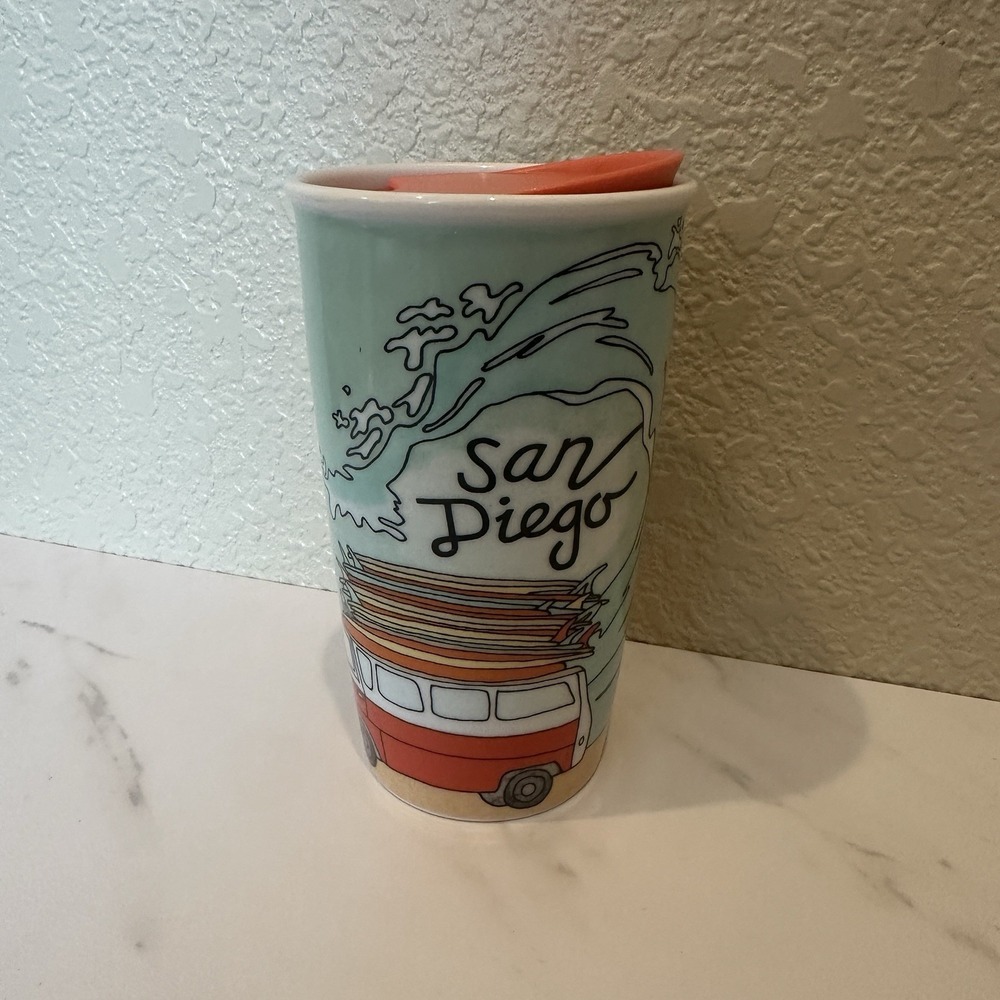 Starbucks San Diego CA Ceramic Travel Tumbler Surf VW Bus Beach Cup 2016 EUC